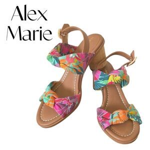 Alex Marie Pink/Green Floral Resort 3” Block Raffia Sandals Sz 7.5 EUC